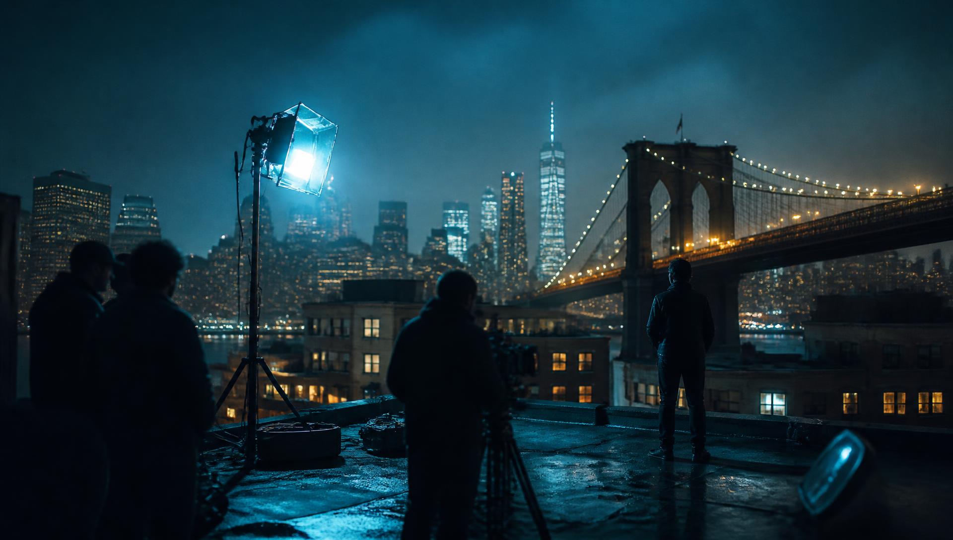 Night-time film set on a Brooklyn street with cinema lighting rigs
